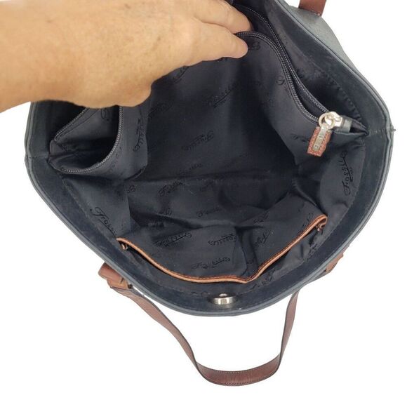 Fossil Black Genuine Leather Tote Bag Pebble Brown Embroidery Western City Med - Picture 5 of 12